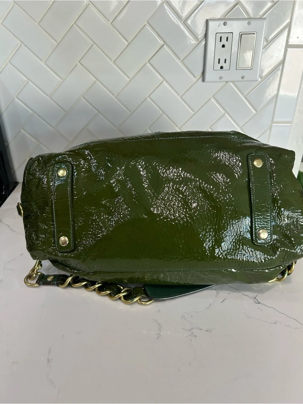 Coach Olive Green Patent Leather Satchel with Chain Strap